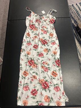 White Floral Midi Dress with Pink & Coral Blooms